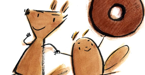 Sketch: Two squirrels triumphantly hold a donut in the air.