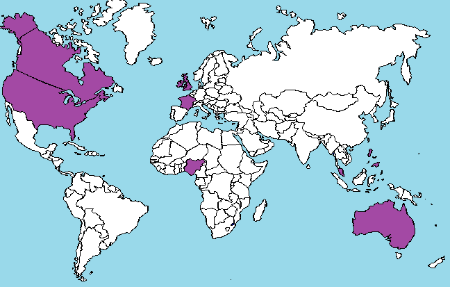 World map with the following countries highlighted: the United States; Canada; United Kingdom; Ireland; France; Nigeria; Australia; Malaysia; Philippines.