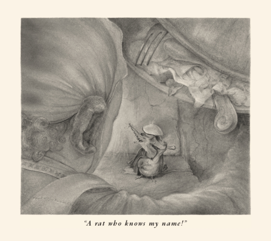 Illustration: Miggery Sow, a white serving girl with misshapen ears, leans closer to better hear the rat Roscuro. The caption beneath the illustration reads, "A rat who knows my name!"
