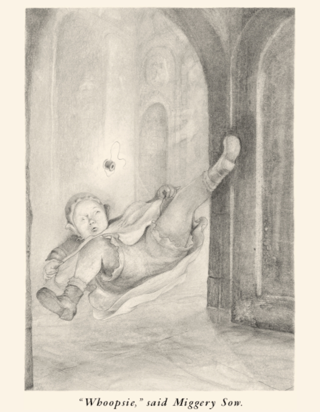 Illustration: Miggery Sow, a fat white serving girl, slips and falls. The thimble she was holding flies in the air. Miggery's underdrawers are exposed as she falls backwards. The caption beneath the illustration reads, "Whoopsie," said Miggery Sow.